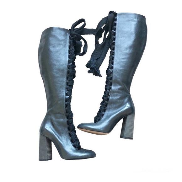 Chloe Harper Black Knee High Leather Lace Up Heeled Boots Size 37.5 (US 7.5) - Picture 1 of 8